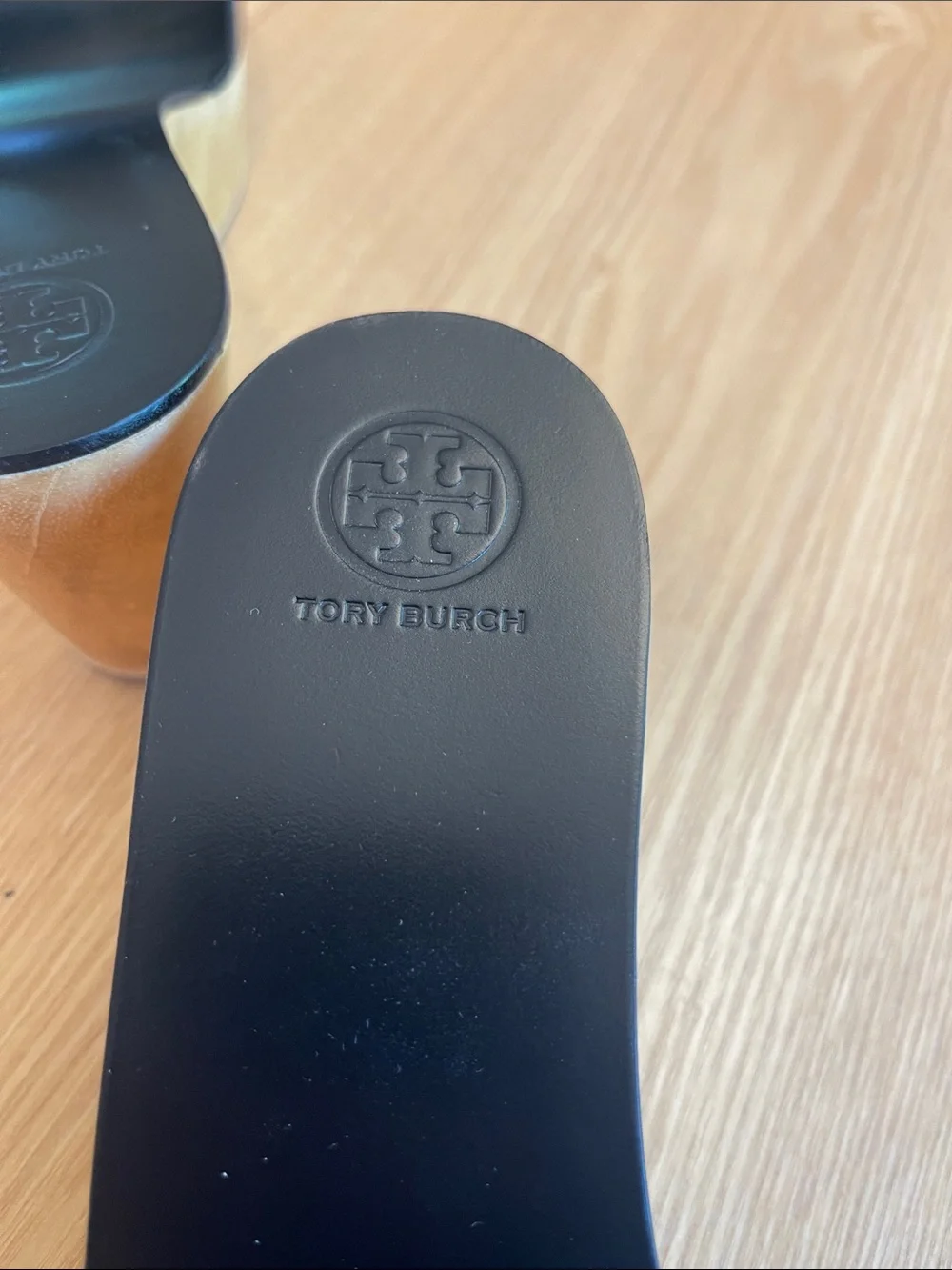 Tory Burch Logo Leather and Wood Platform Wedge Slide size 8M LKN